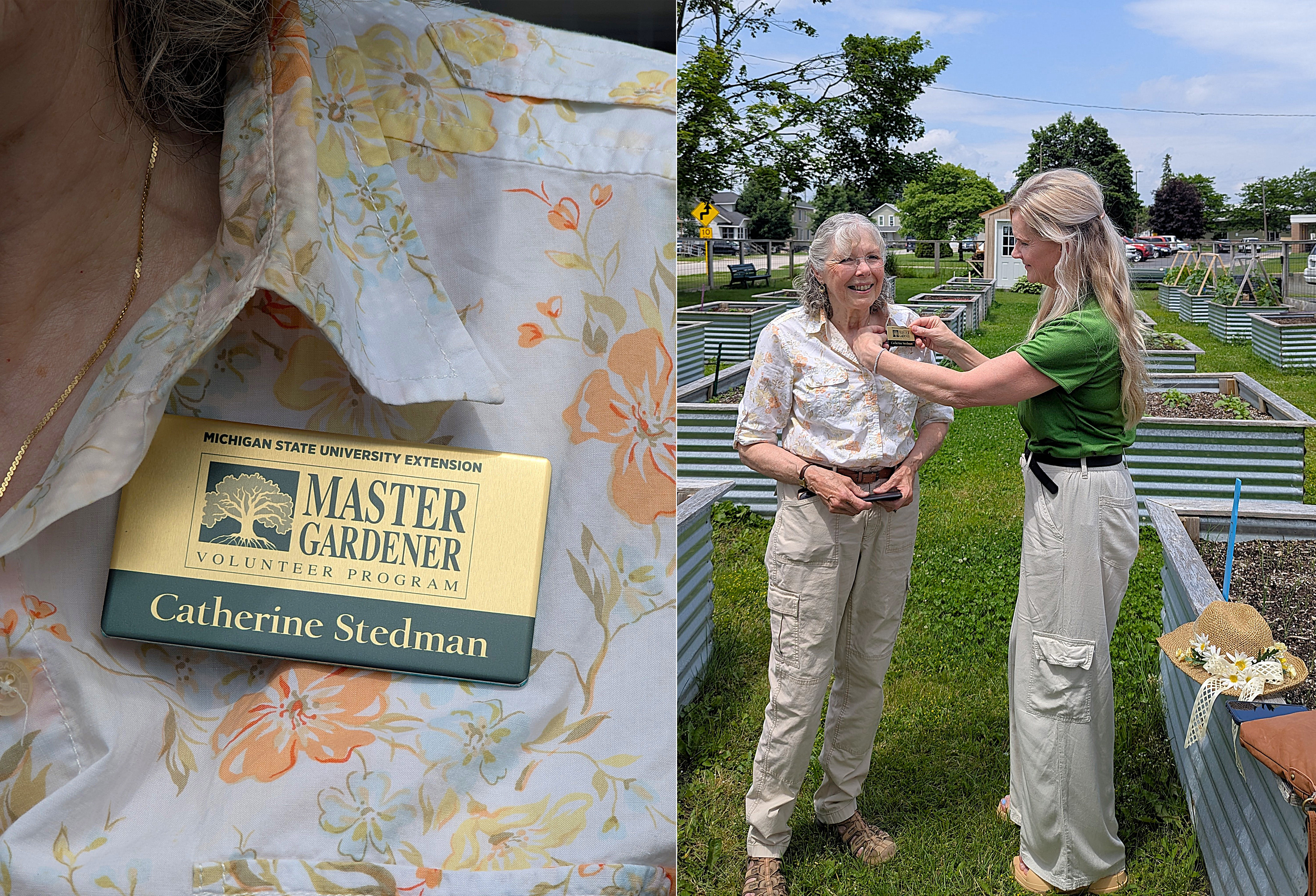 Catherine Stedman wears her MSU Extension Master Gardener Volunteer Program gold badge while receiving recognition in a raised-bed garden.